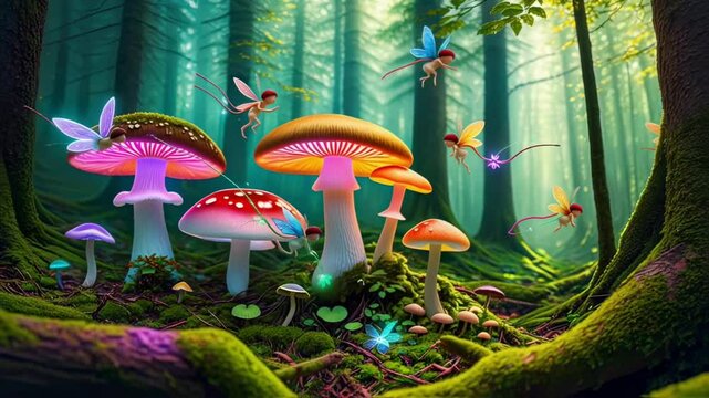 Fantasy Fairies Flying Around Colorful Mushrooms in Enchanted Forest