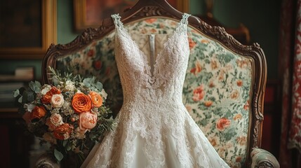Fototapeta premium Elegant bridal attire with floral bouquet on ornate antique chair backdrop