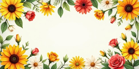 Fototapeta premium Cheerful summer blossoms like sunflowers, daisies, and roses on a seamless pattern, summer, wild flowers, daisies