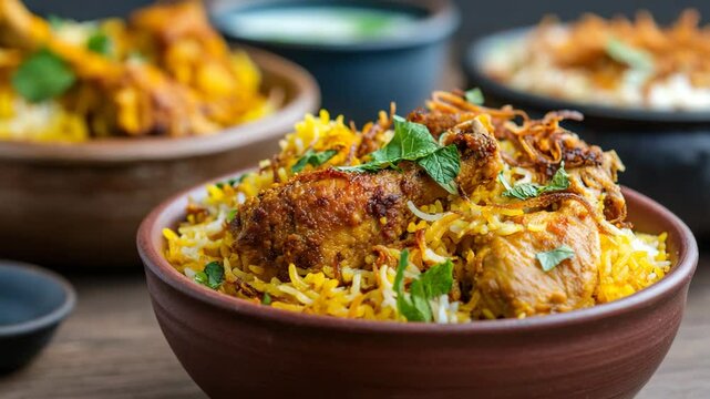 A flavorful serving of chicken biryani in traditional bowls, garnished with fresh herbs and spices, showcasing the richness of Indian cuisine and culinary art.