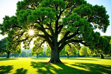Majestic oak tree canopy, sunlight dappling leaves , scenic, shadow