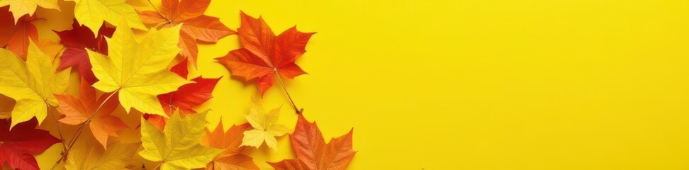 Pile of vibrant yellow and orange autumn leaves on yellow backdrop, maple, fall foliage