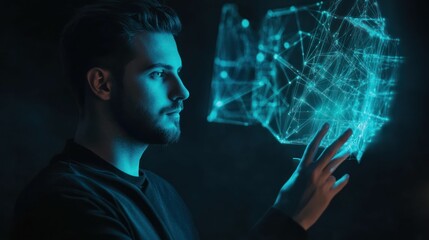 Man interacts with a 3D digital network in the metaverse interface.