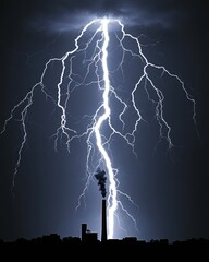 Naklejka premium Dramatic Lightning Strike Illuminates Industrial Landscape Under Dark Stormy Sky at Night