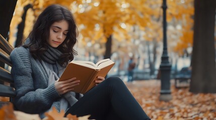 Young woman with dark hair wearing cozy scarf and sweater reading a book while sitting on a park bench during autumn, surrounded by yellow-orange leaves and soft natural light in a peaceful setting