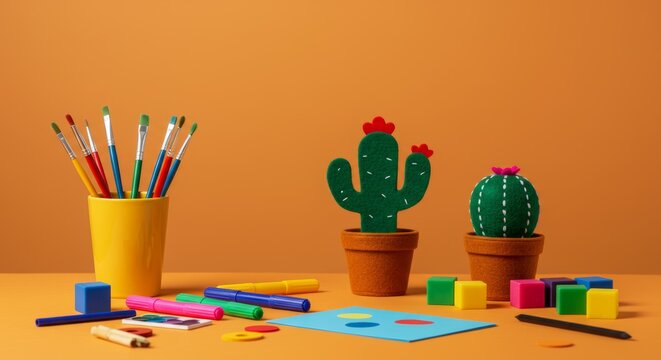 Creative kids crafting scene featuring colorful art supplies cacti and geometric shapes on orange background perfect for educational projects