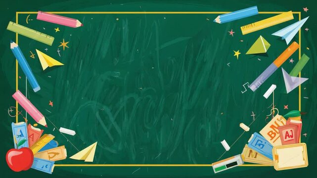 School supplies arranged on a green chalkboard.