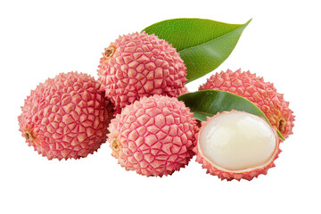 Group of pink lychees, some whole and some halved, arranged together with leaves, showcasing a healthy and delicious tropical fruit.