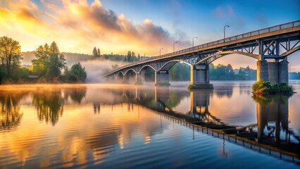 Fototapeta premium Bridge over Willamette River in Corvallis at sunrise with misty fog rolling in from the river, natural scenery, willamette river waterfront
