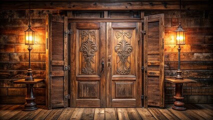 Old wooden saloon doors with intricate carvings and worn finish, hanging on a rustic wood wall, surrounded by dim lighting and aged decor , cozy atmosphere, antique