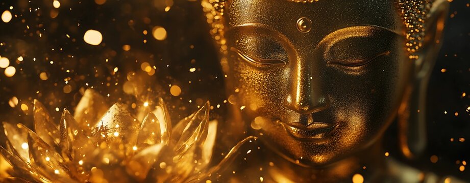 Mystical Close-Up of Golden Buddha Face With Lotus and Glittering Light.