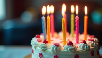 Close-up of a festive birthday cake with colorful candles, party, sweet