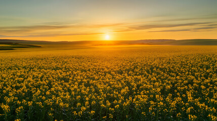 Fototapeta premium A golden sunrise over a vast forest landscape creating a warm atmosphere.