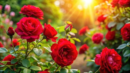 Vibrant red roses in a garden with sunlight filtering through the leaves, flowering plants , red roses