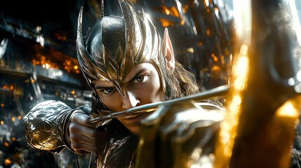 Majestic elf archer aiming a bow in a fiery fantasy landscape with ancient ruins in the background