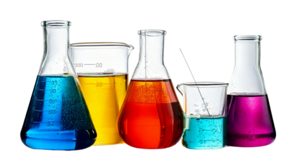 Colorful Chemical Solutions in a Beaker and Flask on a Clean White Background
