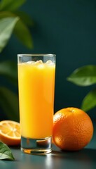 Fototapeta premium Freshly squeezed orange juice in glass beside whole orange , sunlight, drink, vibrant