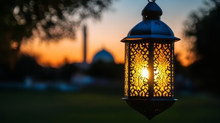 beautiful traditional ramadan a golden arabic lantern glowing at sunset by a tranquil lake with a scenic view of a mosque silhouette and starry evening sky