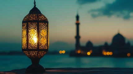 beautiful traditional ramadan a golden arabic lantern glowing at sunset by a tranquil lake with a scenic view of a mosque silhouette and starry evening sky