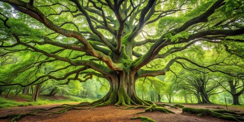 Large tree with gnarled branches and twisted trunk in forest clearing, surrounded by tall trees and undergrowth, trees, bark