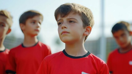 Focused young soccer team ready to compete on the field.
