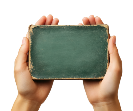 Hands holding vintage chalkboard classroom educational isolated on transparent background