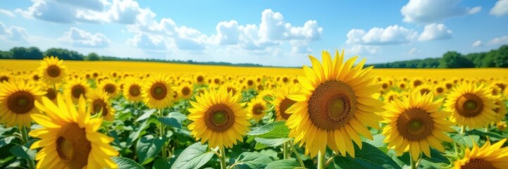 Fototapeta premium Vast sunflower field, vibrant yellow blooms, azure sky , agriculture, bloom, calm