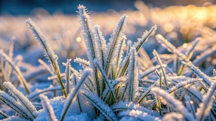 Fototapeta premium Snow-covered grass with hoarfrost on the blades , cold temperatures, frozen ground