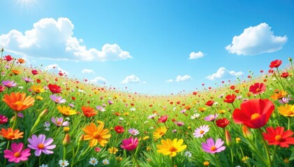Obraz premium Vibrant wildflowers create a colorful carpet beneath a clear blue sky , botany, pastel, flora