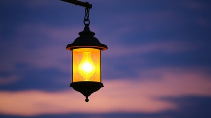 beautiful traditional ramadan a golden arabic lantern glowing at sunset by a tranquil lake with a scenic view of a mosque silhouette and starry sunset sky
