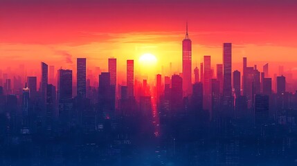 Vibrant skyline silhouette at sunset horizon