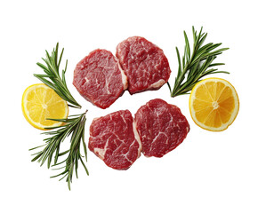 Cooking fresh beef steaks with lemon and rosemary garnish isolated on transparent background