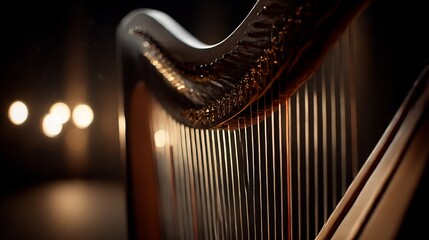 Elegant harp glistening in soft light radiating musical artistry in shadows
