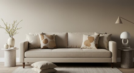 Elegant living room interior showcasing a modern sofa with decorative pillows and stylish decor creating a cozy and inviting atmosphere