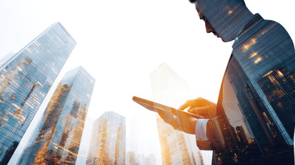 Business professional using tablet in a modern cityscape.  Double exposure of man and city buildings, showcasing technological advancement and urban environment