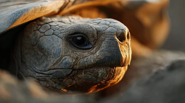 A close-up portrait of a tortoise showcasing its intricate shell details and soulful eye, beautifully lit by warm sunlight in a serene natural environment, creating an intimate vibe.