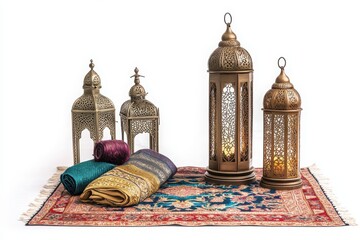 An Eid lantern and prayer set is isolated on white.