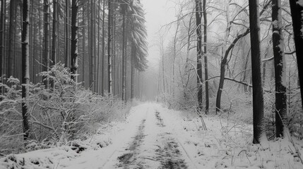 Snowy forest path in winter landscape