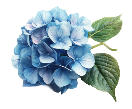 Blooming blue hydrangea flower nature still life view isolated on transparent background