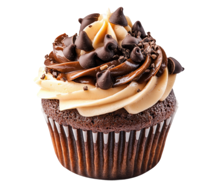 Delicious chocolate cupcake with swirls bakery food isolated on transparent background
