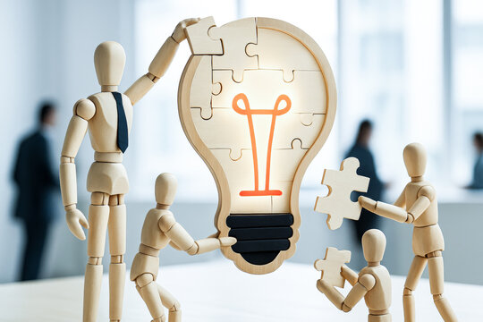 Wooden figure teamwork puzzle lightbulb creativity innovation business collaboration idea office concept solution group planning strategy success