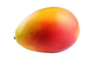 Solitary,  perfectly ripe mango,  displaying a blend of bright orange and crimson hues,  is presented in an isolated  shot.