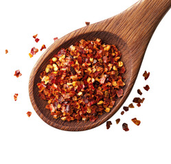 Bright top-down view of red pepper flakes in spicy cooking isolated on transparent background