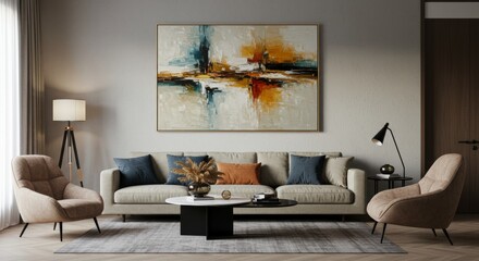 Elegant living room interior with modern furniture and abstract painting creating a cozy and stylish home atmosphere for relaxation and comfort