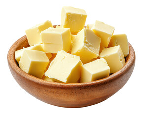 Fresh butter cubes in wooden bowl kitchen food cozy isolated on transparent background