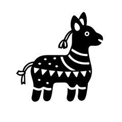 Black and white graphic illustration of a cute cartoon style piñata
