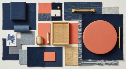 Interior design mood board featuring blue, coral, and tan color palette with fabric samples and hardware