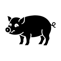 A simple illustration of a black pig with a curly tail and smile