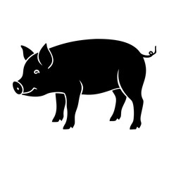 Black silhouette of a pig standing with curly tail and smile