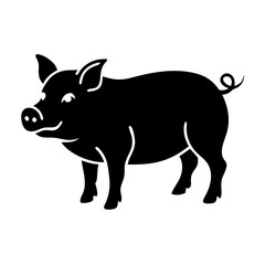 Black Silhouette of a Pig Illustration with Curly Tail and Smiling Face